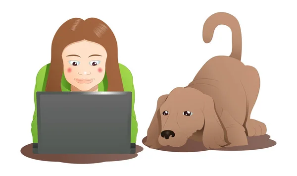Un perro marrón y una mujer aprendiendo portátil — Foto de Stock