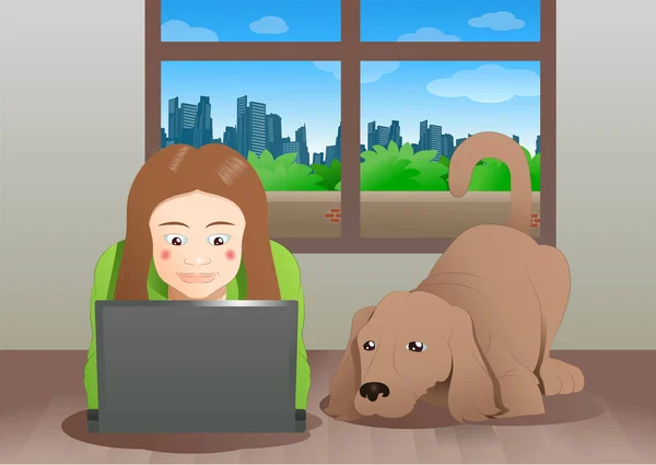 Un perro marrón y una mujer aprendiendo portátil — Foto de Stock