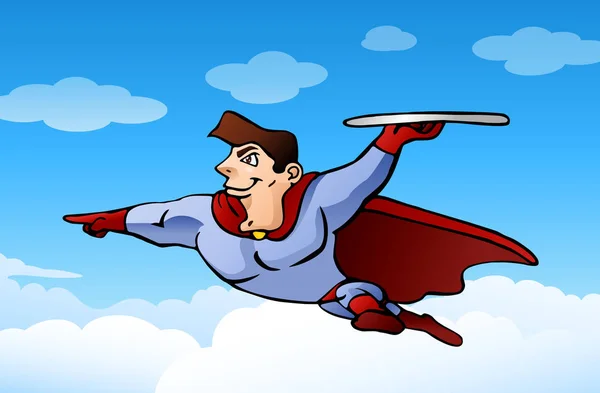 Super held man hoog vliegen over de achtergrond van een wolk — Stockfoto