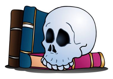 Kafatası izole beyaz zemin üzerine kitap üzerine