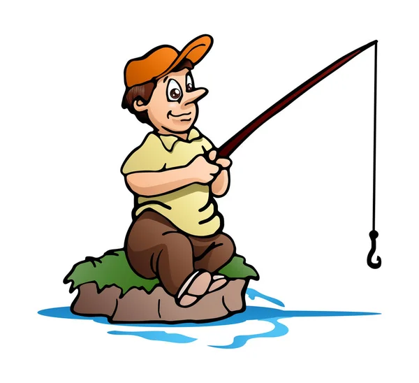 Fishing man on small island on isolated white background — Stock Photo, Image