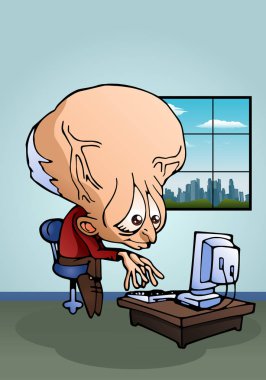 bilgisayar kullanan büyük kafalı adam