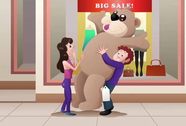 Bevásárló fiú venni óriás baba — Stock Fotó