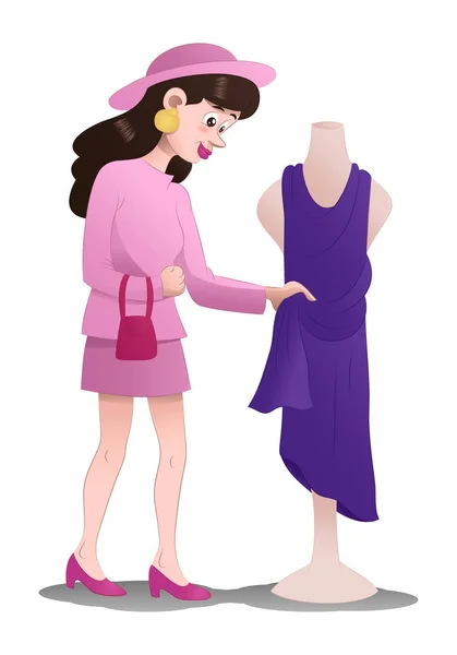 Shopping femme choisir robe sur isolé — Photo