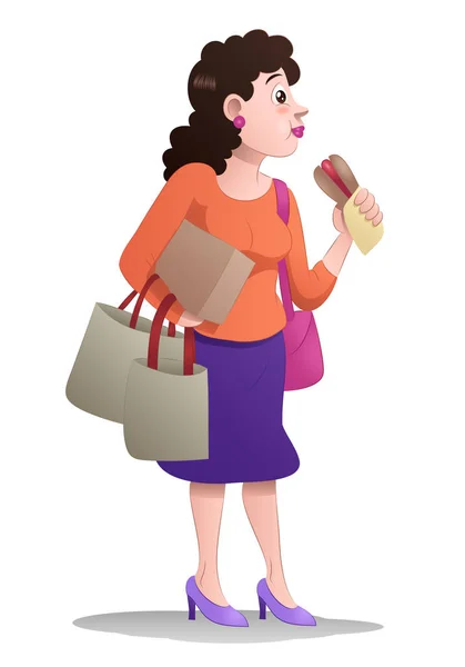 Žena jíst oběd, zatímco drží nákupní taškou na izolované — Stock fotografie