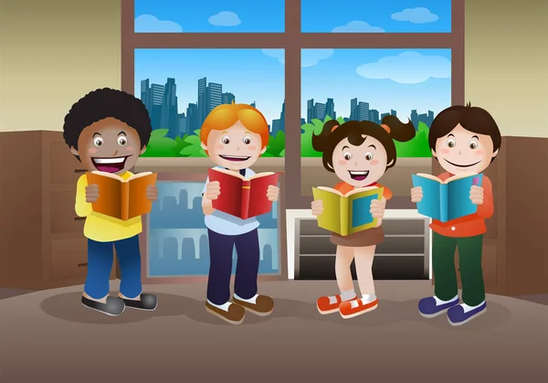 Crianças lendo livro no fundo da biblioteca — Fotografia de Stock