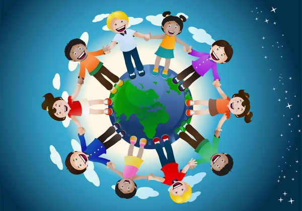 Childrens united holding hand around the world — Stock Photo, Image