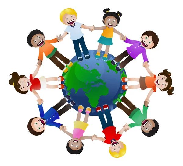 Childrens united holding hand around the world on isolated — Stock Photo, Image
