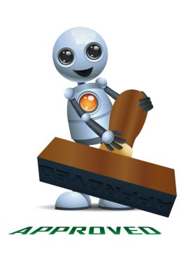 3d illustration of little robot business thumb up while holding stamp of approval clipart