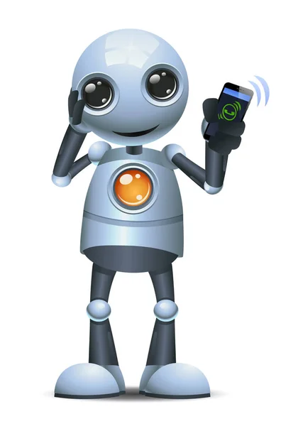 3d illustration of little robot hold handphone communication confuse to answer a call — Stock Photo, Image