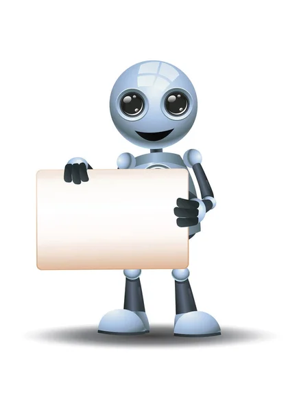 Ilustração 3d de pequeno robô apresentando comunicação sinal em branco enquanto sorri — Fotografia de Stock