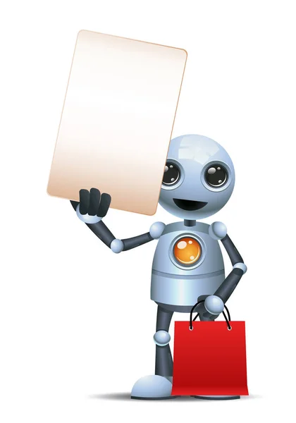 Ilustración 3d de pequeño robot mantenga el signo en blanco mientras lleva la bolsa de compras —  Fotos de Stock