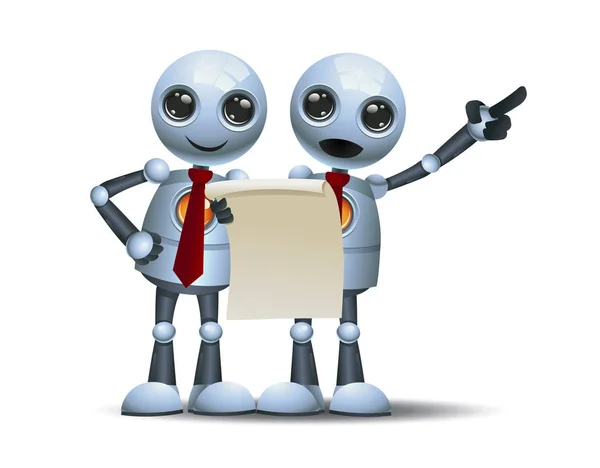 3d ілюстрація двох маленьких роботів бізнесмен обговорює, тримаючи папір — стокове фото