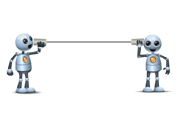 3d иллюстрация двух маленьких роботов, делающих деловую связь с помощью бумажного телефона чашки — стоковое фото