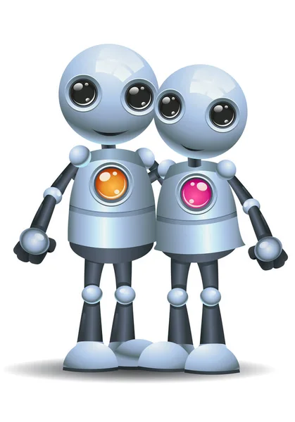 Küçük robot çiftin izole edilmiş beyaz arka planda birbirlerine sarıldıklarını gösteren üç boyutlu bir resim.