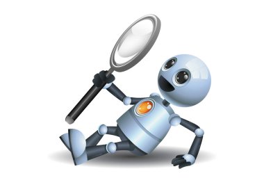 3d illustration of  little robot holding magnifier sit and see up view on isolated white background clipart