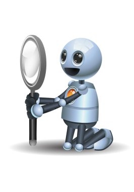 Araştırma ve gözlem yapan küçük robotun izole edilmiş beyaz arka planda diz çöktüğünün üç boyutlu bir çizimi.