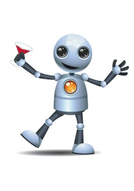 İnzivaya çekilmiş beyaz bir grupta dans ederken gülümseyen küçük robotun üç boyutlu bir çizimi.