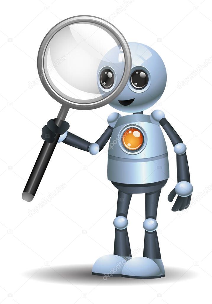3d illustration of  little robot holding magnifier focus on research and observation on isolated white background