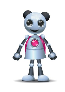 Küçük robot kızın üç boyutlu çizimi, izole edilmiş beyaz arka planda eğitim notlarını temsil eden sırt çantası taşıyor.