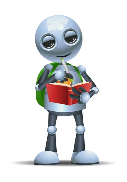 İzole edilmiş beyaz arka planda eğitim öğrencisini temsil eden kitabın üzerine küçük robot yazısının 3D çizimi