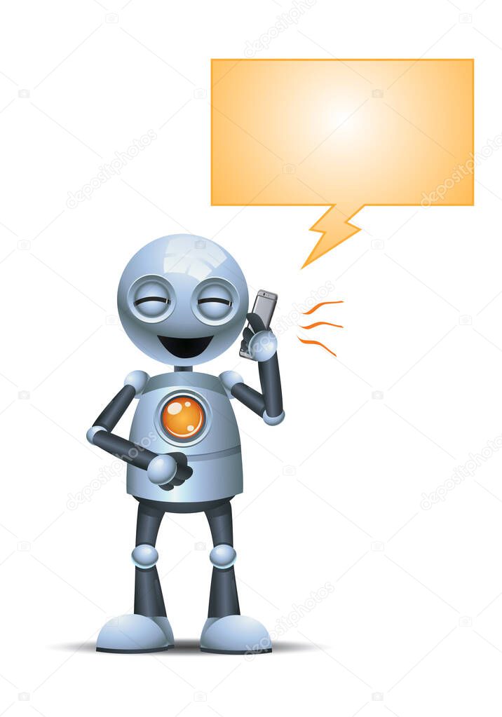 3d illustration of  little robot  joking on the phone call on isolated white background