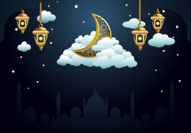 Bulutlu Ramazan kareem arkaplanındaki süs hilal ayının çizimi