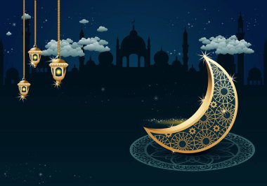 Ramazan kareem arka planında fener bulunan süslemeli altın hilal çizimi
