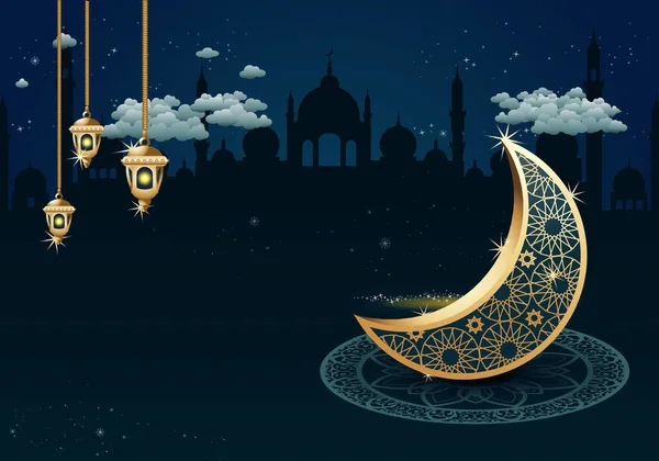 Illustration Prydnad Gyllene Halvmåne Med Lykta Ramadan Kareem Bakgrund Stockbild