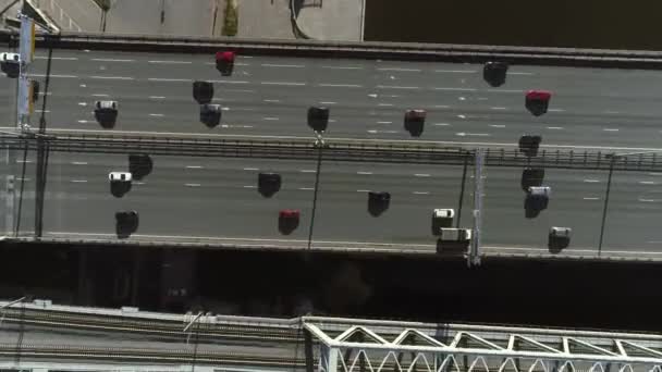 Cars Ride Bridge Highway City Center Summer Top View Copter — Stock Video