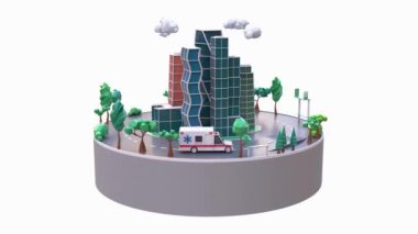 Ambulans, büyük şehirde üç boyutlu gökdelenleri olan bir çağrıya biniyor. Acil tıbbi yardım talebi. Döngüye alınmış video canlandırmasını tekrarla.