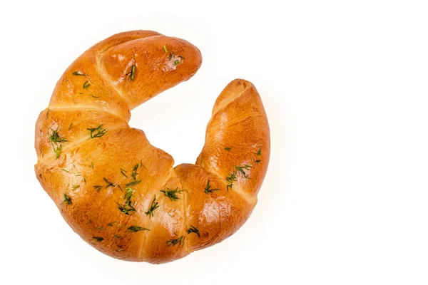 Frissen Sült Nagy Croissant Kaporral Megszórva Elszigetelve Fehér Háttérrel Közelkép — Stock Fotó