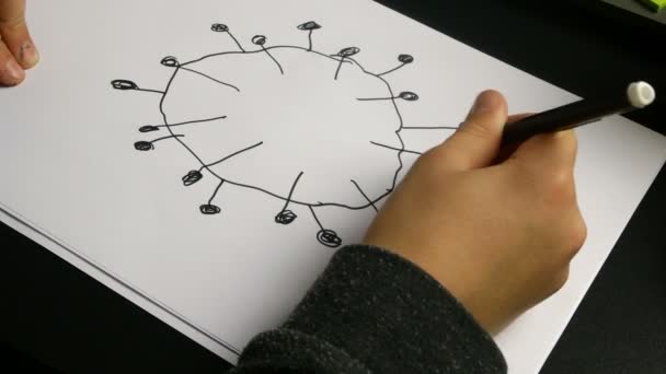 A mão das crianças desenha coronavírus com caneta de feltro no papel branco. Entretenimento para crianças durante a quarentena e auto-isolamento. Close-up . — Vídeo de Stock