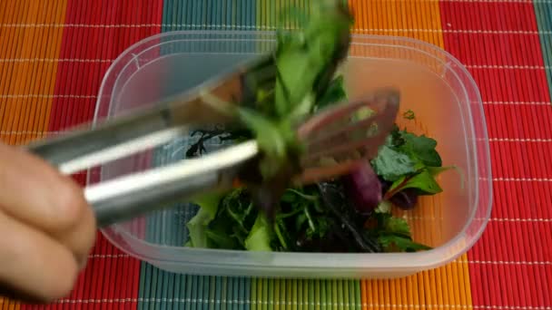 Sla, rucola en andere kruiden worden in plastic lunchbox gedaan en versierd met mieterige bloemen. Close-up. — Stockvideo