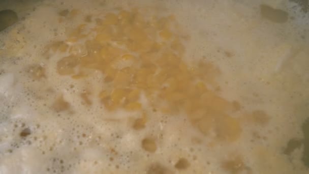 Preparing pea soup of split dry yellow peas in bubbling boiling water. Close up. — Stock Video