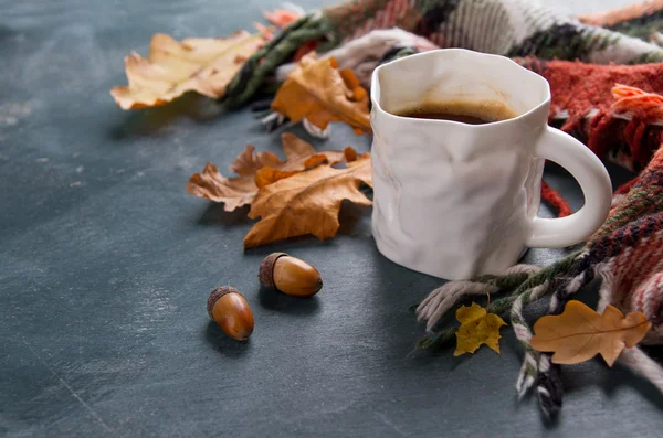 Hett kaffe i mugg med pläd — Stockfoto