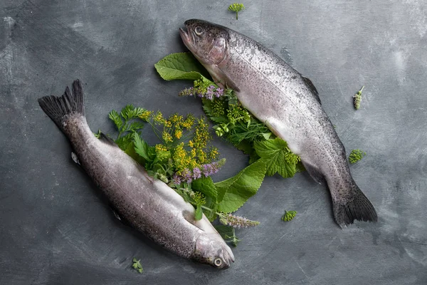 Delizioso pesce fresco (trota) con erbe aromatiche — Foto Stock
