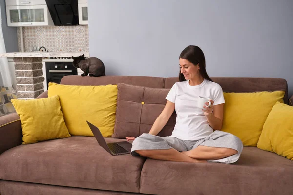 Esmer bir kadın oturma odasında sarı yastıklı kahverengi koltukta oturuyor, pijama giyiyor, bitki çayı içiyor, dizisini dizisinde izliyor, kanepede bir kedi oturuyor.
