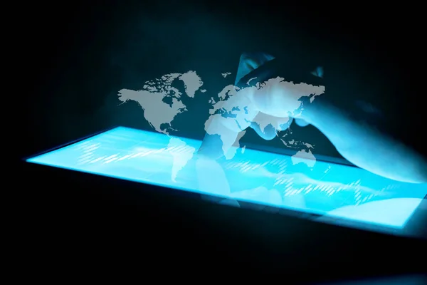 Conceito Tecnologia Negócio Dedo Homem Apontando Tela Sensível Toque Tablet Imagem De Stock
