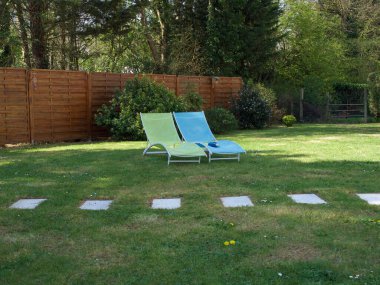 boş mavi ve sarı plaj sandalyeleri bahçede yeşil bir çimenlikte ağacın arka planında ve ahşap çitte