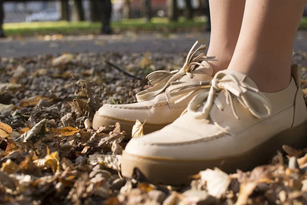 Sonbahar yaprakları ve kadın ayakları