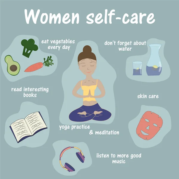 Mladá Žena Self Care Rutina Včetně Jóga Praxe Meditace Pití — Stockový vektor