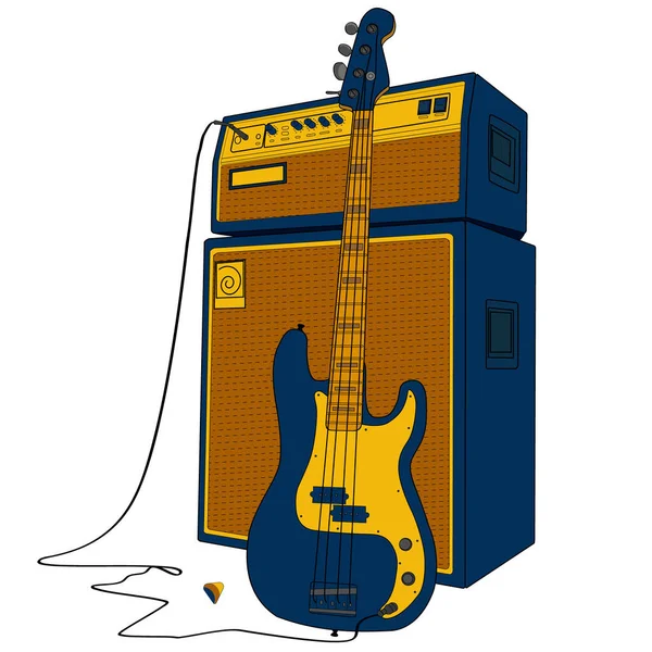 Gitar Listrik Dengan Subwoofer Dalam Gaya Vintage Poster Musik String - Stok Vektor