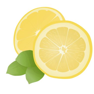 Yapraklı taze limon meyvesi. Limon vektör illüstrasyonu. Tam, ikiye bölünmüş, dilim dilim limon. Limon logosu ya da simgesi..