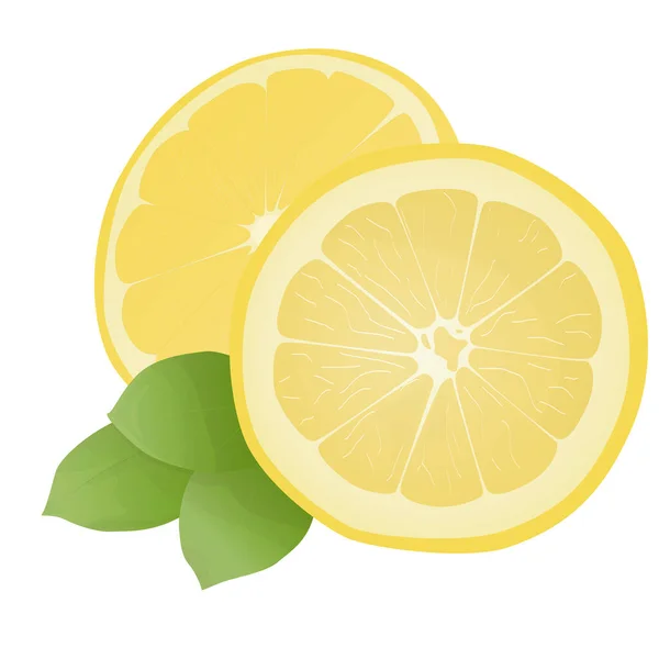 Färska citronfrukter med blad. Citron vektor illustration set. Hela, delad på mitten, skivad på bitar citroner.Citron logotyp eller ikon. — Stock vektor