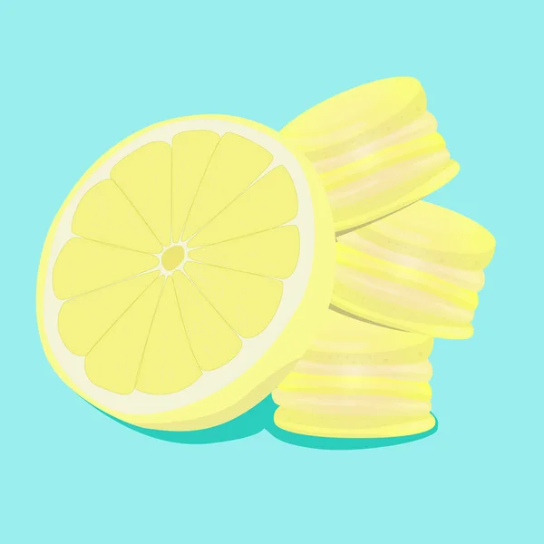 Лимонные миндалины. Векторное традиционное французское печенье в стиле мультфильма. Состав лимона и макарона изолирован на красочном фоне. Баннер с миндальными печеньями . — стоковый вектор