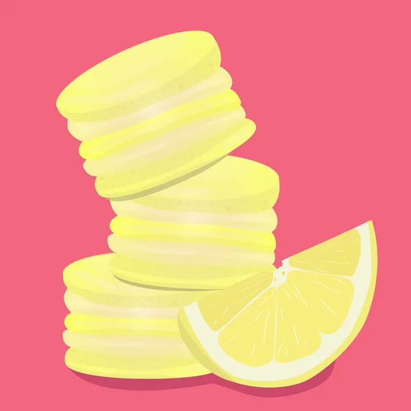 Zitronenmakronen. Vector traditionelle französische Kekse im Cartoon-Stil. Zusammensetzung aus Zitrone und Makronen isoliert auf buntem Hintergrund. Banner mit Mandelplätzchen. — Stockvektor