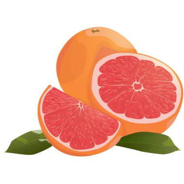 Gerçekçi turunçgil görüntüsü kırmızı portakal ve yapraklı dilimleri beyaz arkaplanda izole eder.