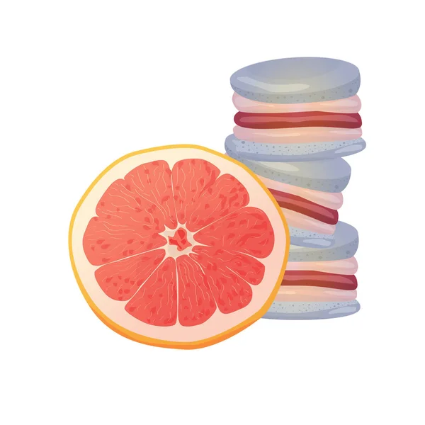 Macarrones de pomelo. Vector tradicional francés galletas en estilo de dibujos animados. Composición de pomelo y macarrón aislado sobre fondo colorido. Banner con galletas de almendras . — Archivo Imágenes Vectoriales