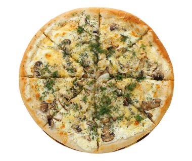 Beyaz arka planda pizza. Bu resim restoran menülerini tasarlaman için mükemmel..